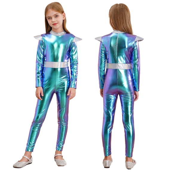 TiaoBug Kids Shiny Metallic Alien Bodysuit for Boys Girls Halloween Long Sleeve Back Zipper Jumpsuit Blue 16