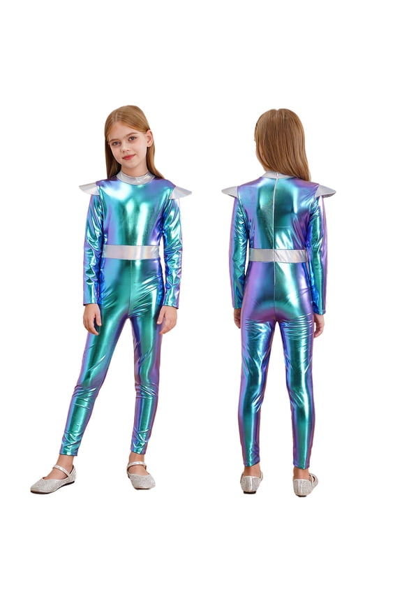 Kids Shiny Metallic Alien Bodysuit for Boys Girls Halloween Long Sleeve Back Zipper Jumpsuit Blue 8