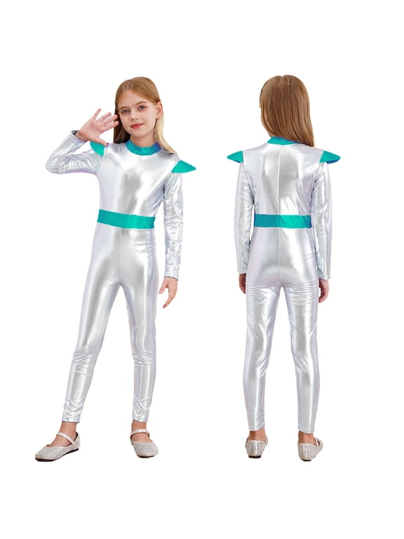 Kids Shiny Metallic Alien Bodysuit for Boys Girls Halloween Long Sleeve Back Zipper Jumpsuit Silver 10