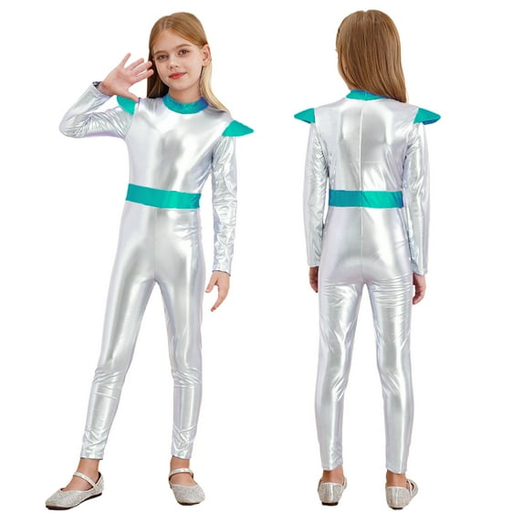 TiaoBug Kids Shiny Metallic Alien Bodysuit for Boys Girls Halloween Long Sleeve Back Zipper Jumpsuit Silver 8