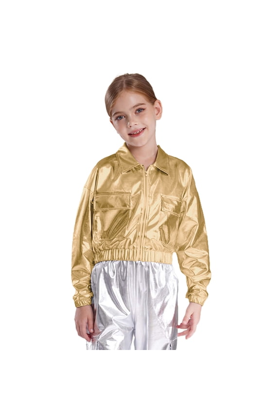 Kids Shiny Metallic Bomber Jacket Boys Girls Motorcycle Baseball Long Sleeve Zip Up Coats Gold 8