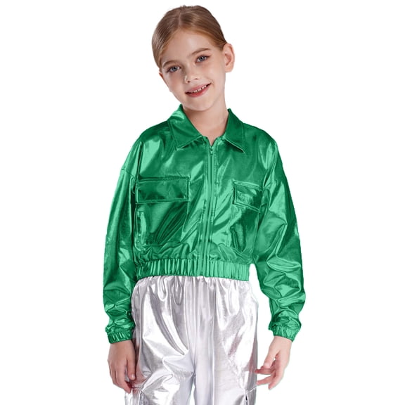 TiaoBug Kids Shiny Metallic Bomber Jacket Boys Girls Motorcycle Baseball Long Sleeve Zip Up Coats Green 8