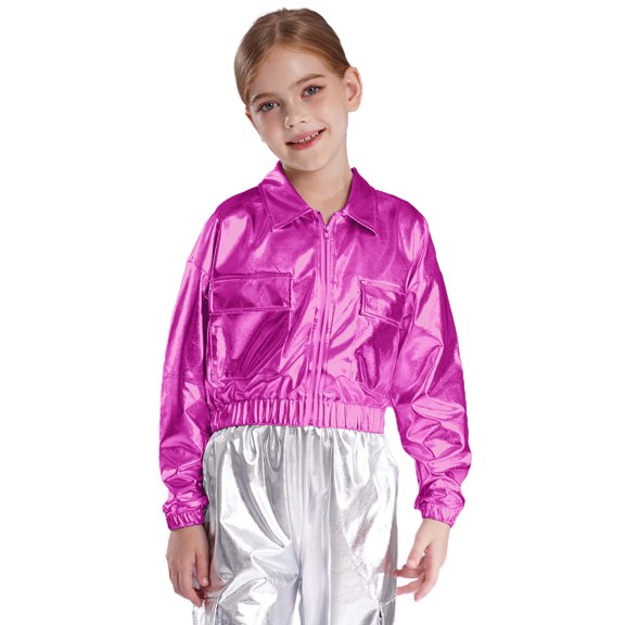 TiaoBug Kids Shiny Metallic Bomber Jacket Boys Girls Motorcycle Baseball Long Sleeve Zip Up Coats Hot Pink 16