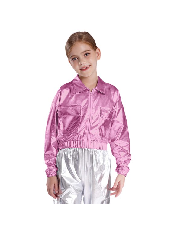 Kids Shiny Metallic Bomber Jacket Boys Girls Motorcycle Baseball Long Sleeve Zip Up Coats Pink 10