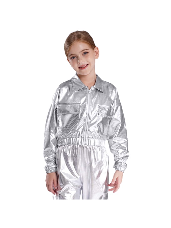 Kids Shiny Metallic Bomber Jacket Boys Girls Motorcycle Baseball Long Sleeve Zip Up Coats Silver 6