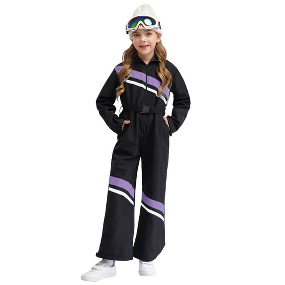 TiaoBug Kids Snow Suit for Girls One Piece Ski Suit Hooded Jumpsuit Waterproof Mountaineering Hiking Overalls Light Purple&Black 14
