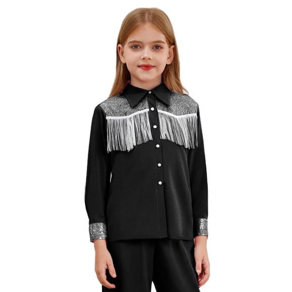 TiaoBug Kids Western Cowboy Shirts Fringe Tassels Sequin Cowgirl Tops Long Sleeve Blouse Button Down Coat Black 12
