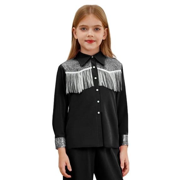 TiaoBug Kids Western Cowboy Shirts Fringe Tassels Sequin Cowgirl Tops Long Sleeve Blouse Button Down Coat Black 16