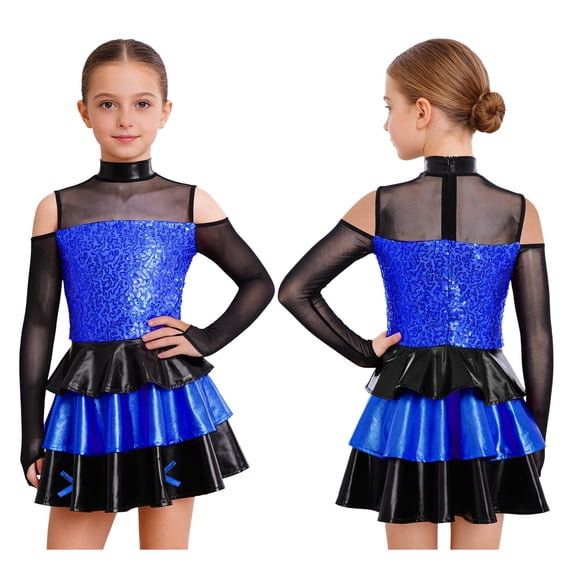 TiaoBug Latin Jazz Dance Dress for Girls Cold Shoulder Long Sleeve Mesh Sequin Tutu Dress for Stage Performance Blue 6