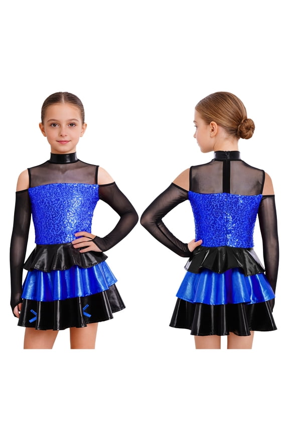 Latin Jazz Dance Dress for Girls Cold Shoulder Long Sleeve Mesh Sequin Tutu Dress for Stage Performance Blue 6