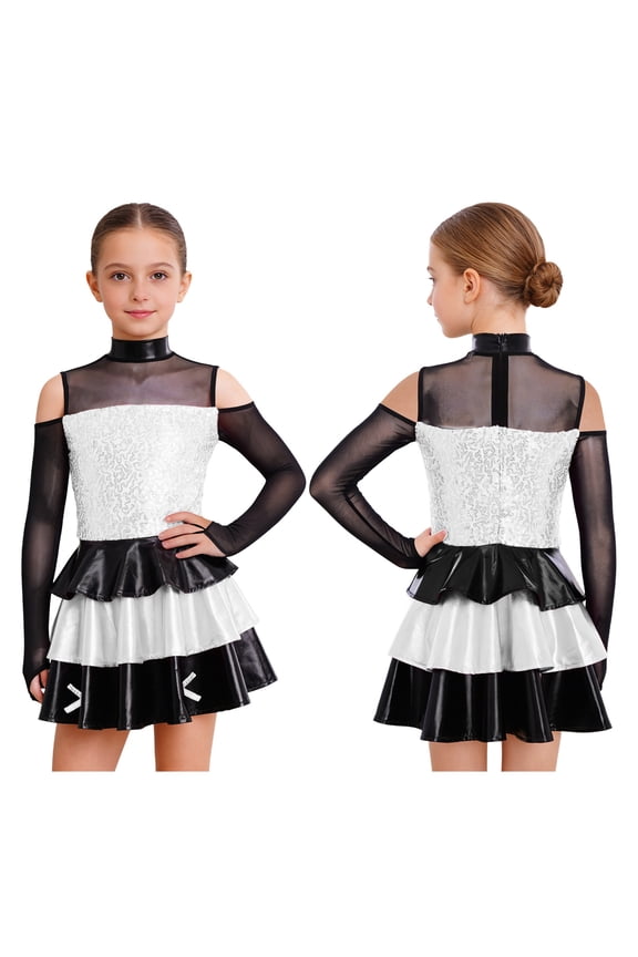 Latin Jazz Dance Dress for Girls Cold Shoulder Long Sleeve Mesh Sequin Tutu Dress for Stage Performance White 6