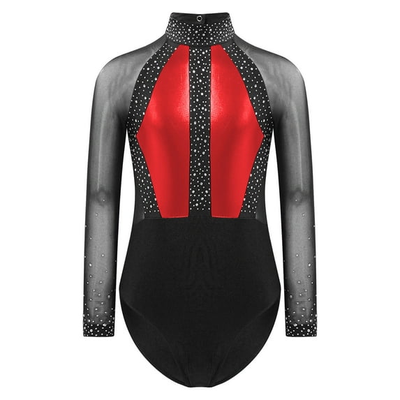 TiaoBug Leotard for Girls Shiny Color Block Long Sleeve Gymnastic Athletic Bodysuit Dancewear Red 14