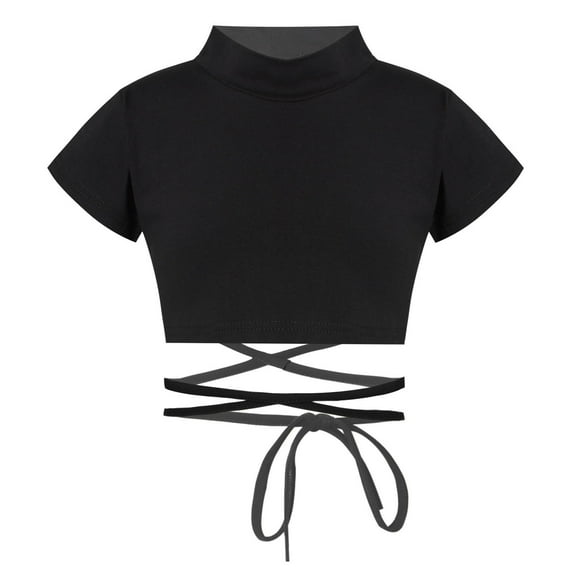 TiaoBug Little Big Girl Crop Tops Short Sleeve Mock Neck Shirt Gym Yoga Sport Tee Shirt Dance Top 4-16