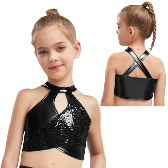 TiaoBug Little Girls Sequin Performance Crop Tops Modern Jazz Hip Hop Dance Vest Shirt Athletic Tees Black 16