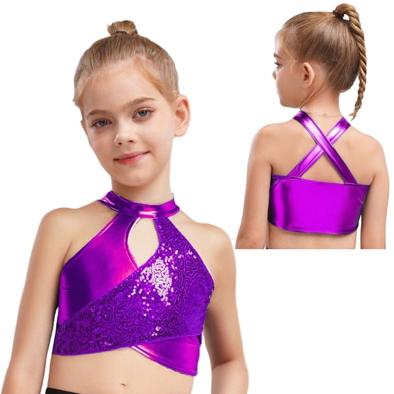 TiaoBug Little Girls Sequin Performance Crop Tops Modern Jazz Hip Hop Dance Vest Shirt Athletic Tees Purple 8