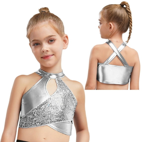 TiaoBug Little Girls Sequin Performance Crop Tops Modern Jazz Hip Hop Dance Vest Shirt Athletic Tees Silver 16