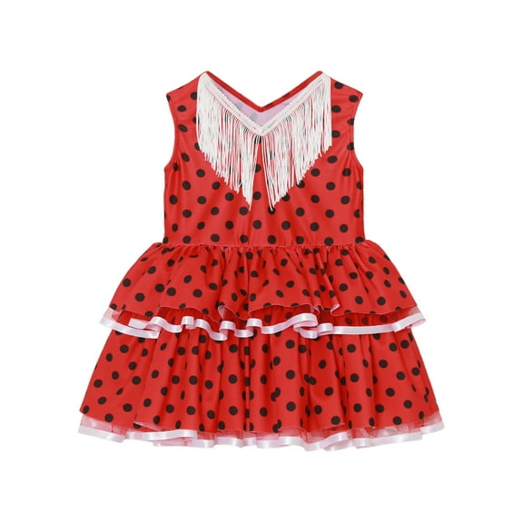 TiaoBug Little Girls Sleeveless Tassels Fringe V-Neck Tank Dress Princess Polka Dots Layered Tutu Party Dresses Red 4T