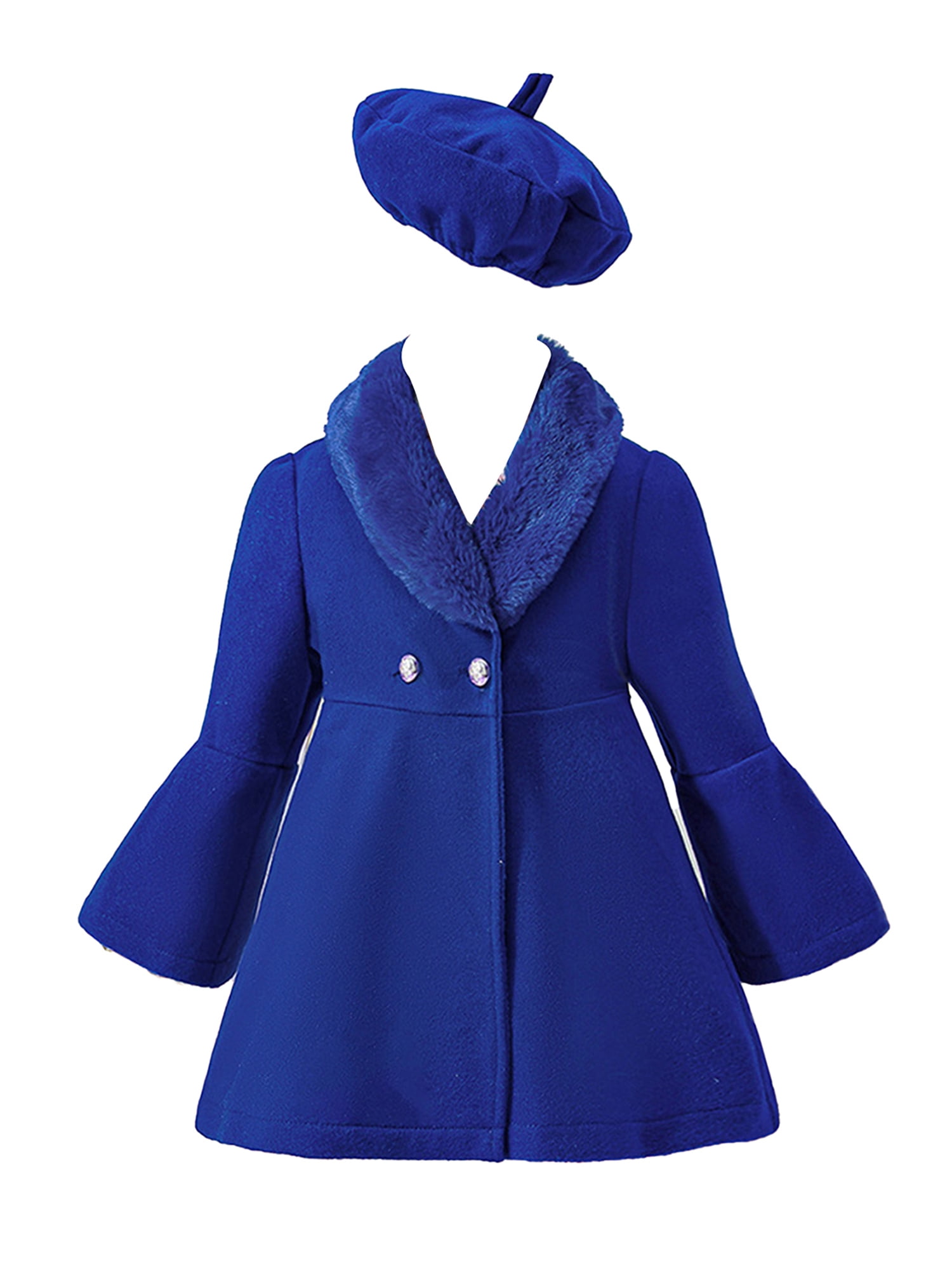 TiaoBug Little Girls Winter Woolen Blend Dress Coat Furry Collar Flare  Sleeve Windbreaker Outerwear with Beret Hat Royal Blue 5-6 - Walmart.com