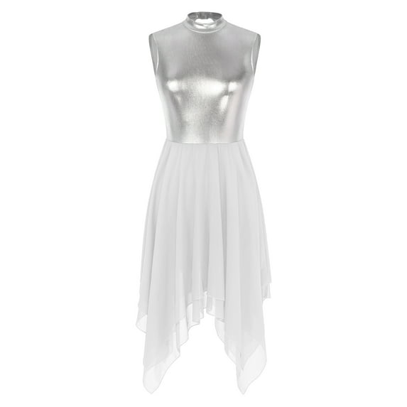 TiaoBug Liturgical Worship Praise Dance Dress Tunic for Women Sleeveless Silver Metallic Lyrical Dance Costume White M