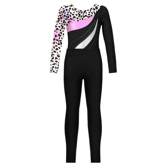 TiaoBug Long Sleeve Gymnastic Leotard for Girls Dance Skating Jumpsuit with Leggings Pants 2Pcs Set Leopard 10