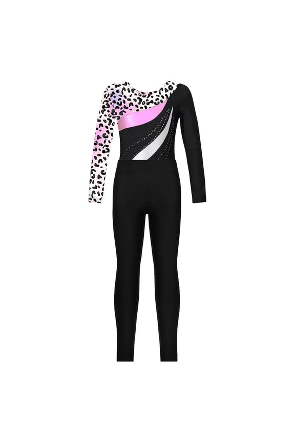 Long Sleeve Gymnastic Leotard for Girls Dance Skating Jumpsuit with Leggings Pants 2Pcs Set Leopard 8