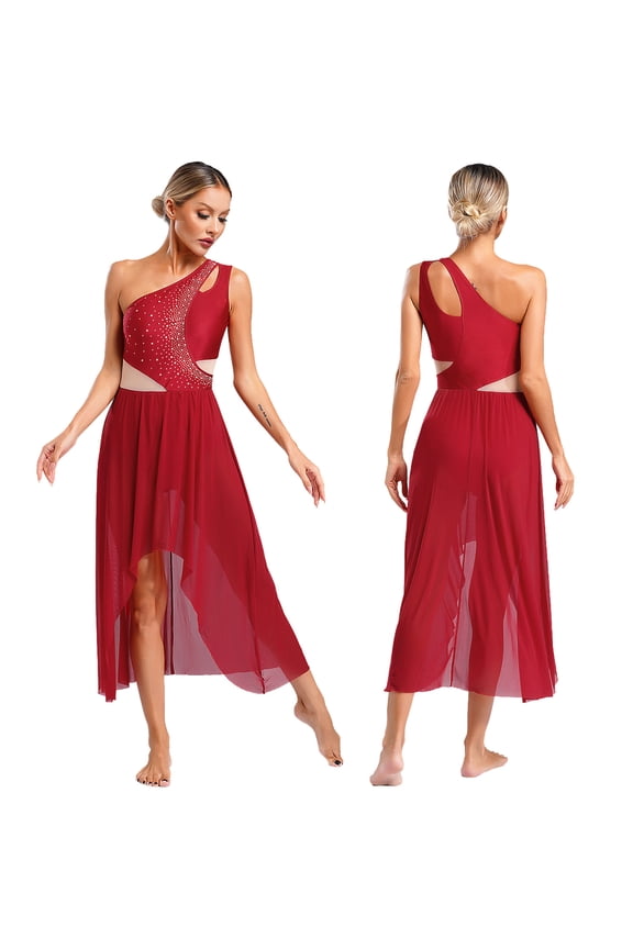Lyrical Dance Costumes for Women Contemporary Dancewear One Shoulder Low Flowy Mesh Dress Burgundy S