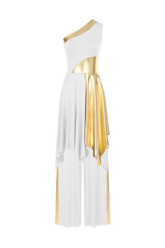Lyrical Dance Outfits for Women Praise Worship One Shoulder Irregular Dress Tops with Pants White S