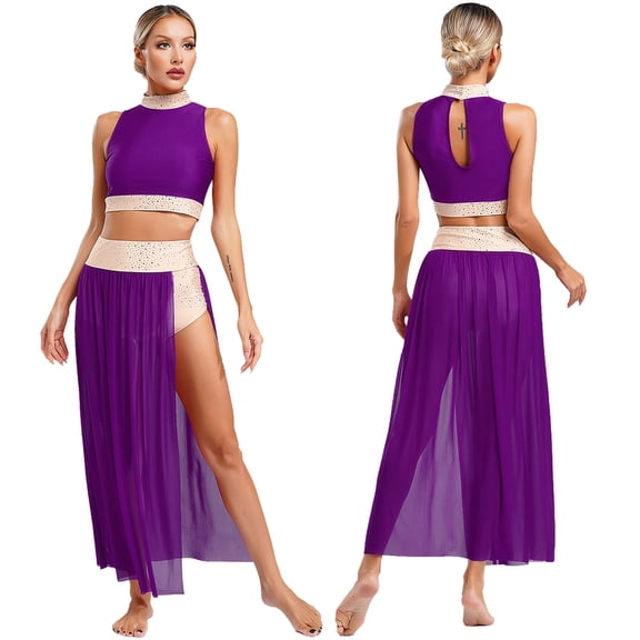 TiaoBug Lyrical Liturgical Dance Costume for Women Split Tulle Skirt Flowy Overlay Dress Purple S