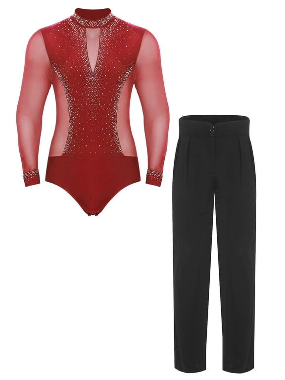 Men Ballroom Dancing Outfits Professional Latin Dance Shirt Bodysuit with Black Pants Set Red S