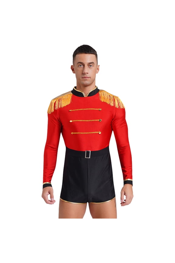 Men Circus Ringmaster Jumpsuit Fringe Bodysuit Showman Lion Tamer Halloween Leotard Red XL