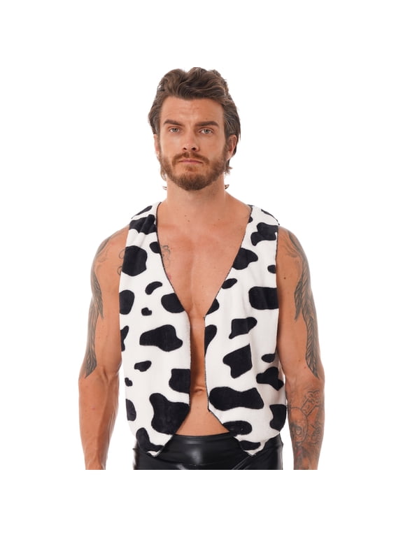 Men Cow Print Vest Tops Flannel Sleeveless Waistcoat Cowboy Tank Jacket Black S