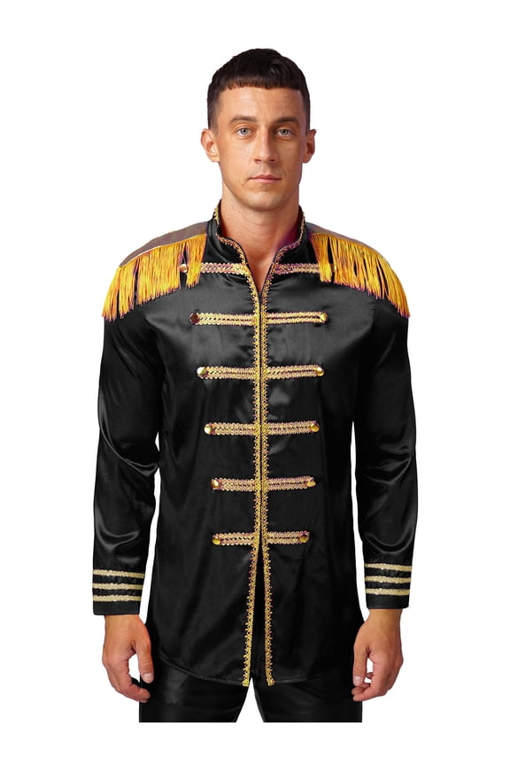 Men Halloween Sergeant Pepper Long Sleeve Satin Jacket Marching Band Rock Hippie Coat Black M