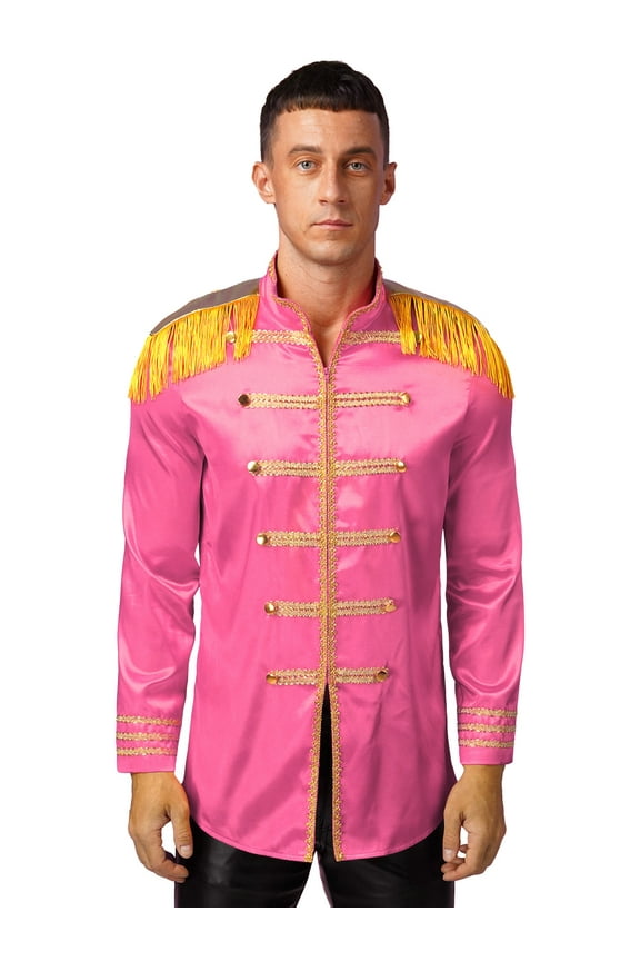 Men Halloween Sergeant Pepper Long Sleeve Satin Jacket Marching Band Rock Hippie Coat Hot Pink S