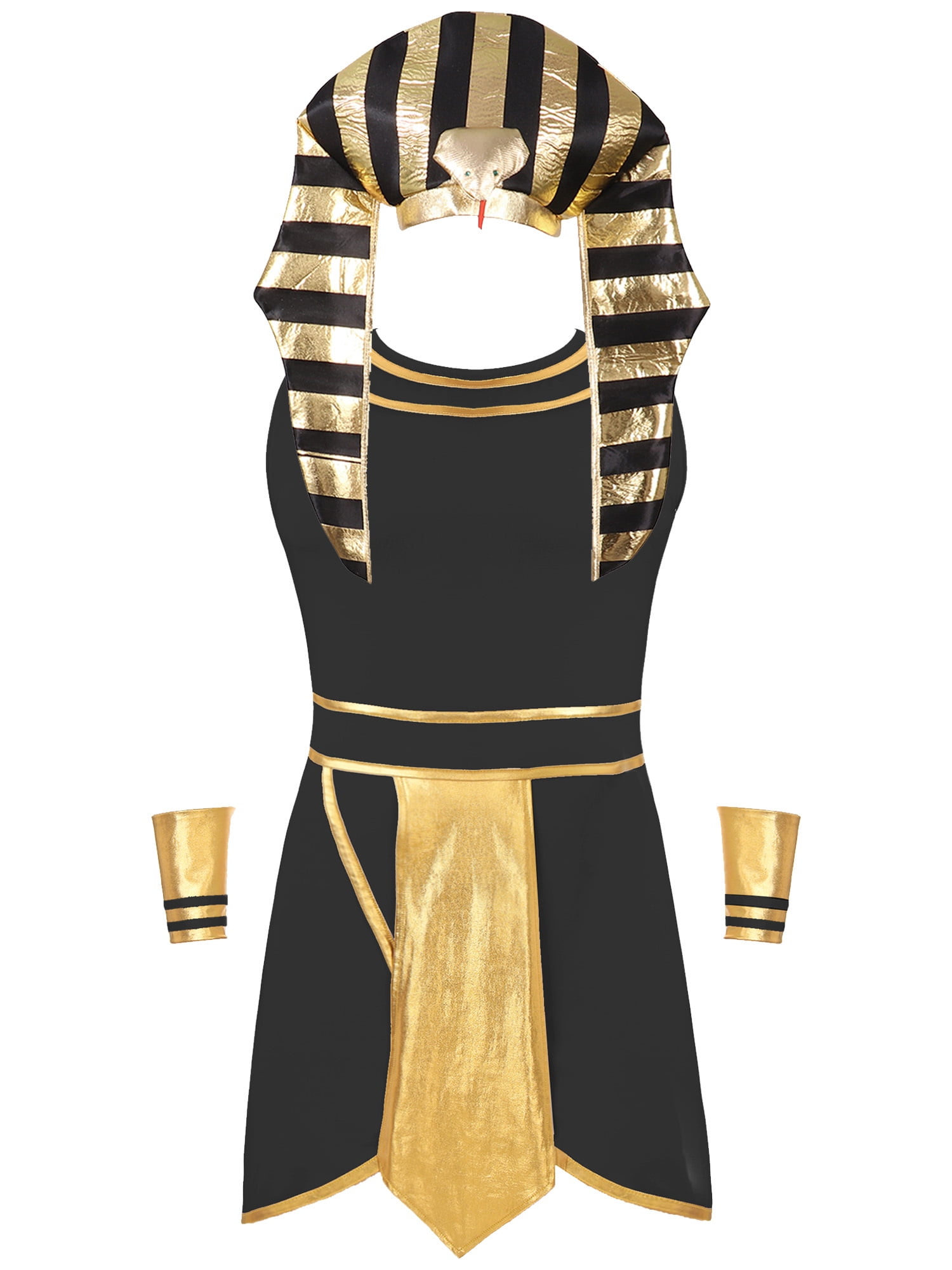 TiaoBug Men King Pharaoh Costume Egyptian King Sleeveless Dress with Cuffs  Snake Head Hat for Halloween Black L - Walmart.com, image size:1500x2000