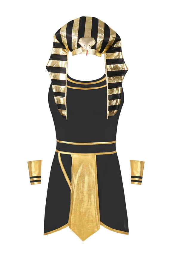 Men King Pharaoh Costume Egyptian King Sleeveless Dress with Cuffs Snake Head Hat for Halloween Black L