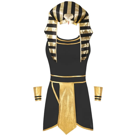 TiaoBug Men King Pharaoh Costume Egyptian King Sleeveless Dress with Cuffs Snake Head Hat for Halloween Black XXL