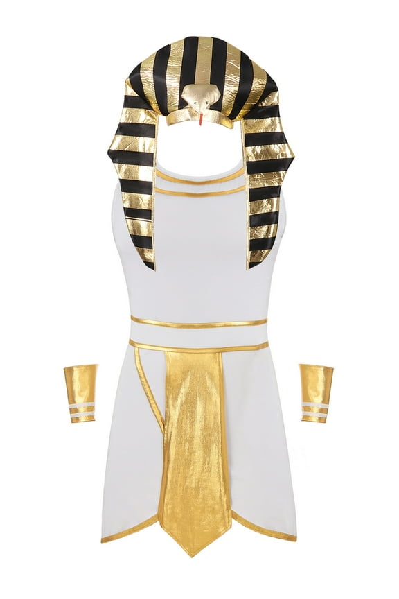 Men King Pharaoh Costume Egyptian King Sleeveless Dress with Cuffs Snake Head Hat for Halloween White S