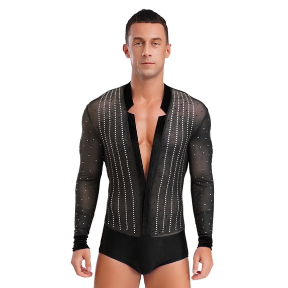 TiaoBug Men Latin Dance Shirt Leotard Long Sleeve Deep V-neck Velvet Patchwork Mesh Salsa Cha-Cha Bodysuit Black 3XL