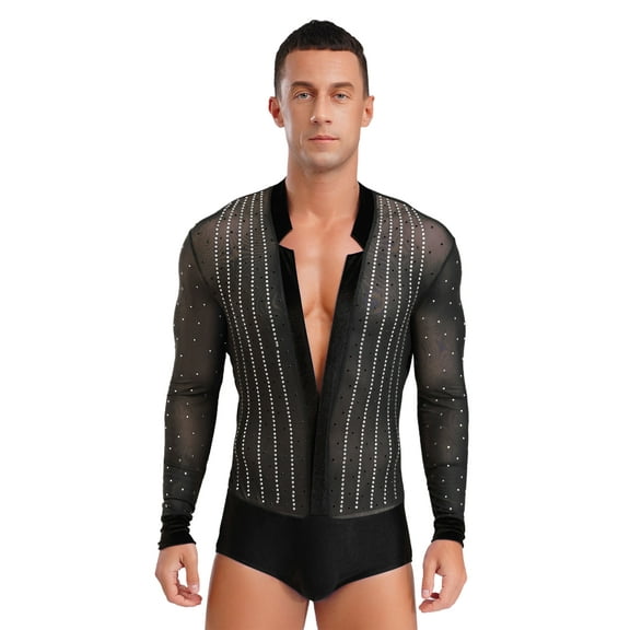 TiaoBug Men Latin Dance Shirt Leotard Long Sleeve Deep V-neck Velvet Patchwork Mesh Salsa Cha-Cha Bodysuit Black M