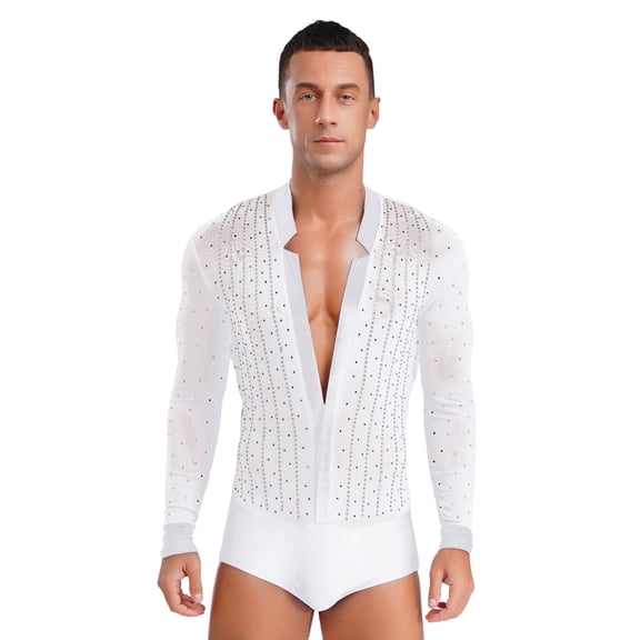 TiaoBug Men Latin Dance Shirt Leotard Long Sleeve Deep V-neck Velvet Patchwork Mesh Salsa Cha-Cha Bodysuit White L