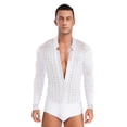 thumbnail image 1 of TiaoBug Men Latin Dance Shirt Leotard Long Sleeve Deep V-neck Velvet Patchwork Mesh Salsa Cha-Cha Bodysuit White XXL, 1 of 6