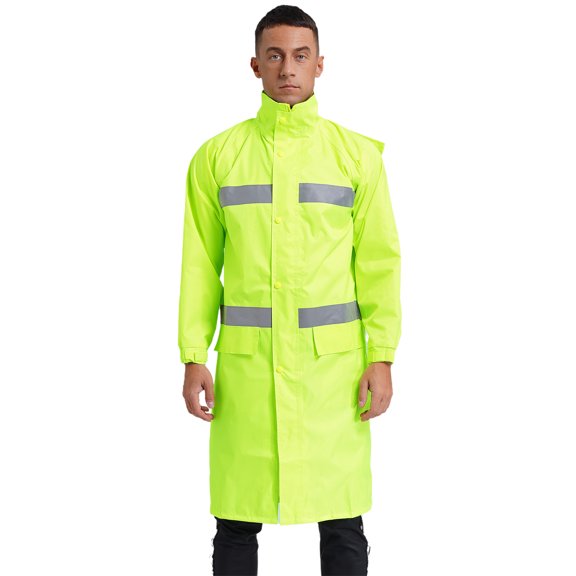 TiaoBug Men Raincoat Safety Work Rain Gear Waterproof Long Hooded Rain Jacket Coat Poncho Fluorescent Green M/165