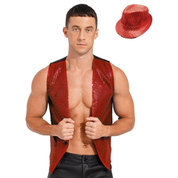 TiaoBug Men Sequin Vest Sleeveless Tuxedo Waistcoat Jacket With Hat Jazz Dance Costume Red M