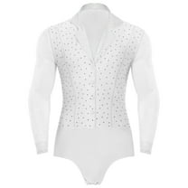 TiaoBug Men Sheer Mesh Dance Shirts Gymnastics Bodysuit Salsa Samba Cha Cha Tango Dance Leotard White XL