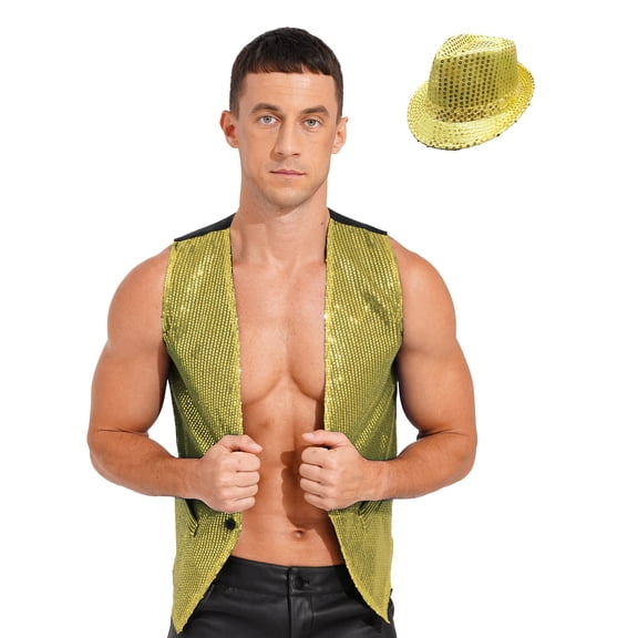 TiaoBug Men Sleeveless Sparkling Jazz Dance Vest Tops Button Waistcoat Disco Party Suit Clubwear Gold 4XL
