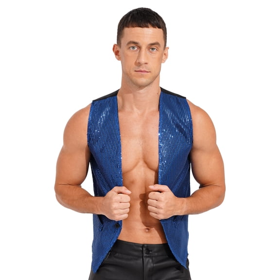 TiaoBug Men Sleeveless Sparkling Jazz Dance Vest Tops Button Waistcoat Disco Party Suit Clubwear Royal Blue 3XL