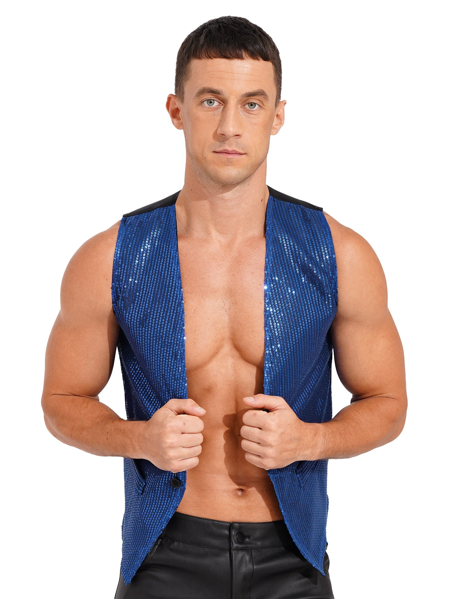 Mens Sequin Vest Waistcoat Disco Sparkle Costume Dance Party - Light Blue main image 1