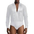 thumbnail image 1 of TiaoBug Men V-neck Long Sleeves Latin Ballroom Dance Leotard Chacha Rumba Samba Bodysuit Top White XXL, 1 of 6