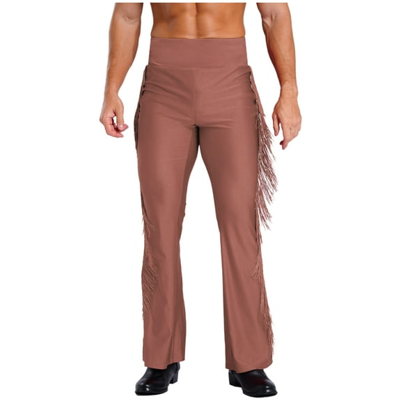 TiaoBug Men Vintage 60s 70s 80s Tassel Flared Pants Slim Fit Bell Bottom Long Hippy Pants Clubwear Dusty Pink XL