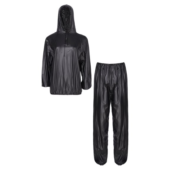 TiaoBug Men Women Sauna Suit Long Sleeve Hooded Sweat Suit Top with Pants Gym Tracksuit Black M